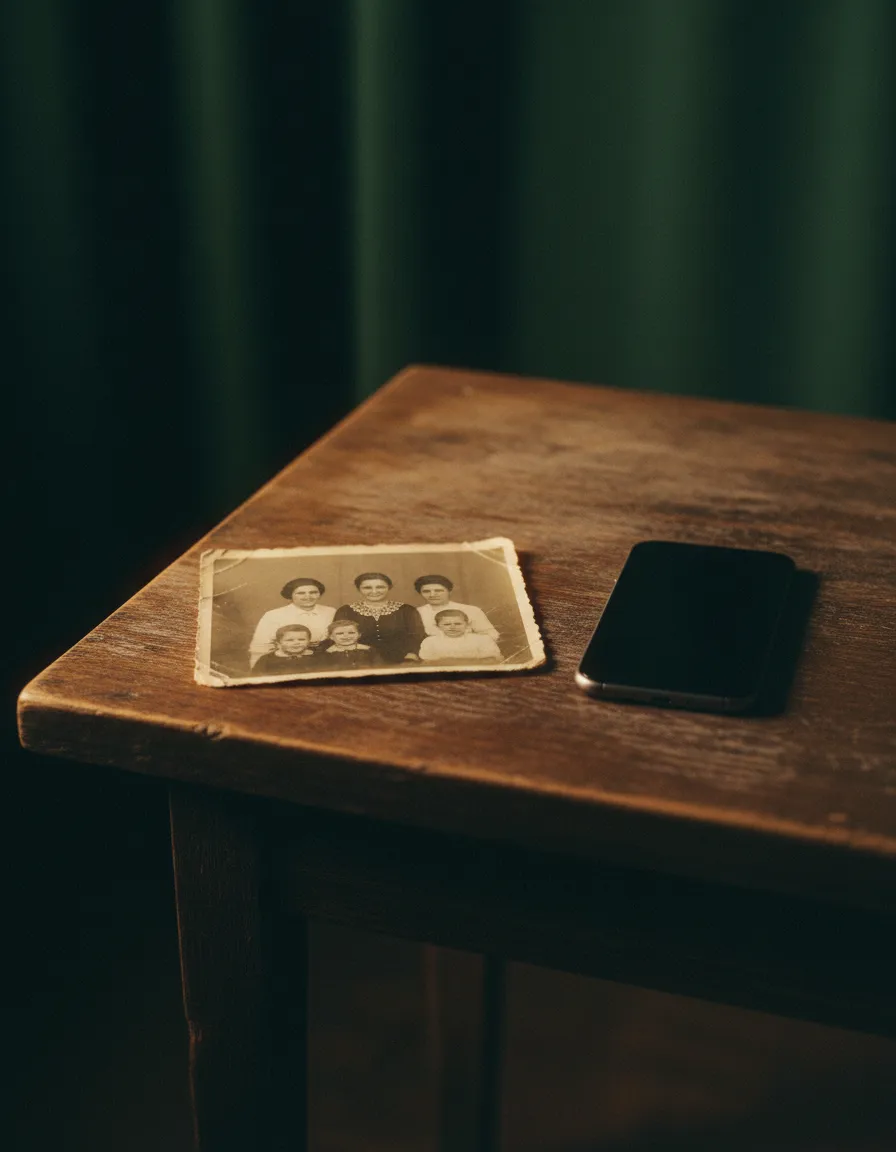 A fading family photograph contrasted with a modern digital device