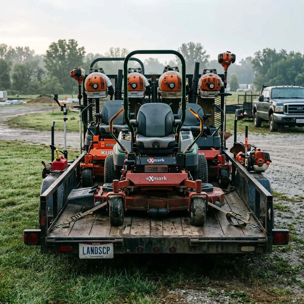 Commercial zero-turn mowers, blowers, and heavy landscaping gear staged on an Ohio jobsite trailer