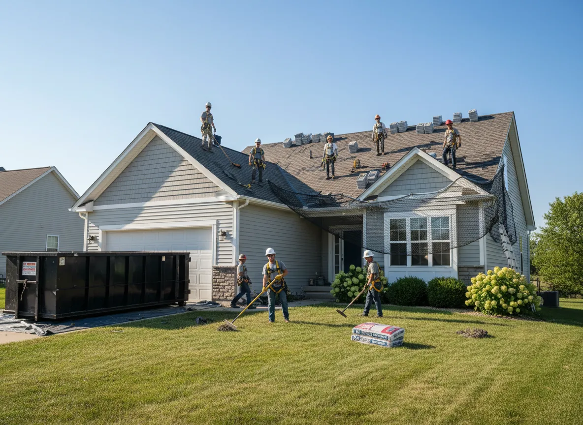 Roofing crew replacing shingles on a Davenport home under clear sky