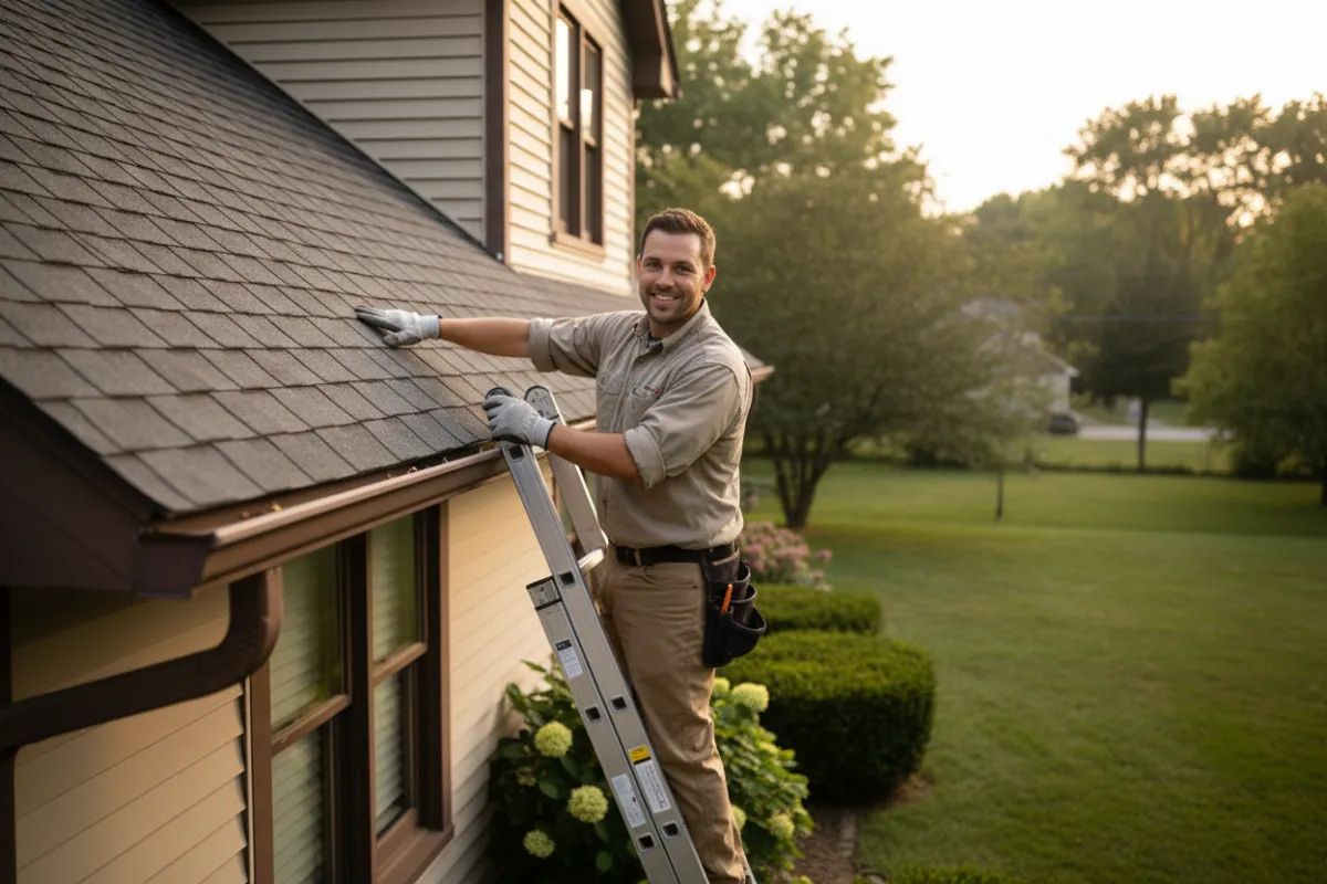 Friendly roof repair team inspecting a Davenport home roof
