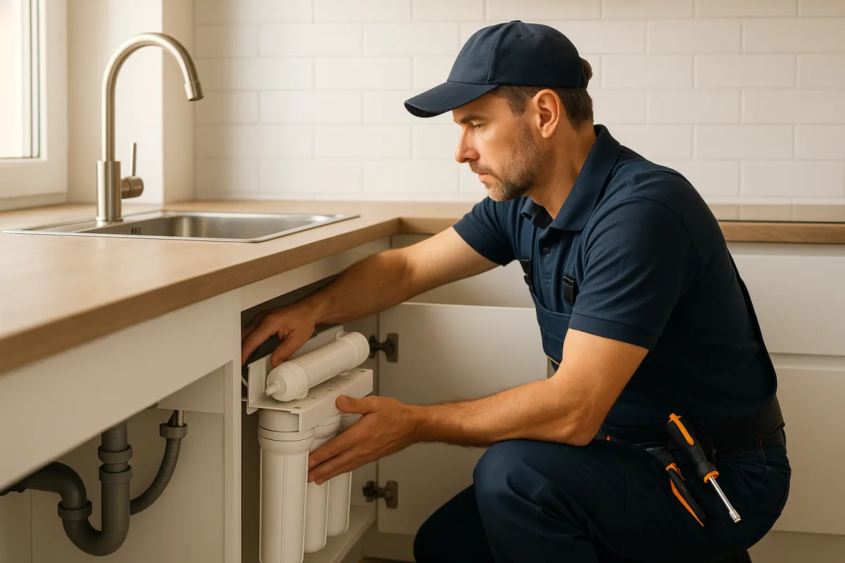 Técnico instalando sistema de filtración en cocina doméstica moderna