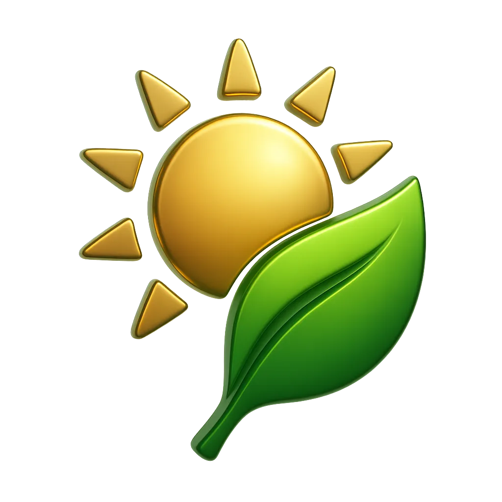 Glowing stylized sun and leaf motif representing clean solar energy