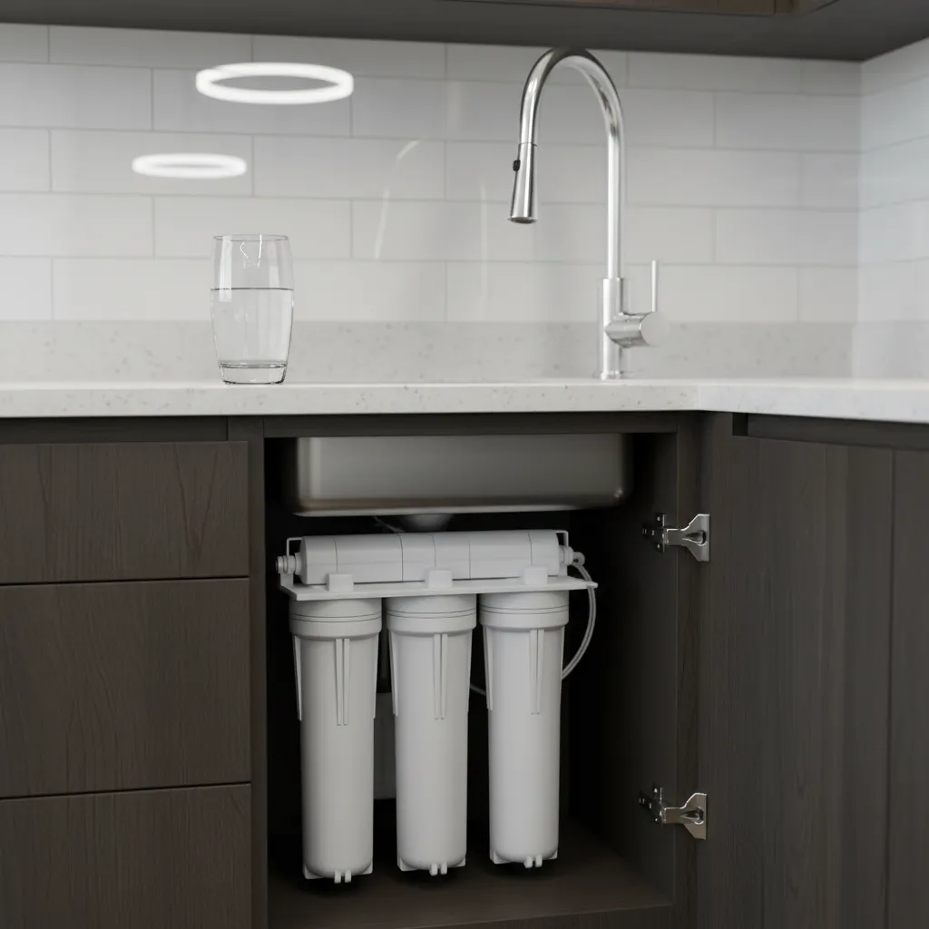 A high-end under-sink water filtration system with chrome fixtures, installed in a contemporary kitchen. The countertop features a glass of water with visible clarity, and subtle reflections from pendant lighting. 1:1 aspect ratio.
