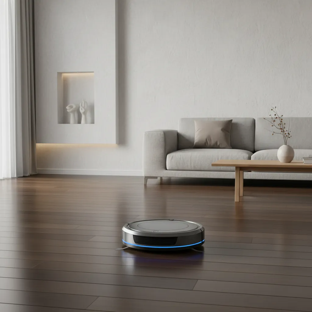 A robotic floor cleaner gliding across dark hardwood floors in a minimalist living room. The device features a sleek, circular design with LED accents, and the room is bathed in soft, indirect lighting. 1:1 aspect ratio.
