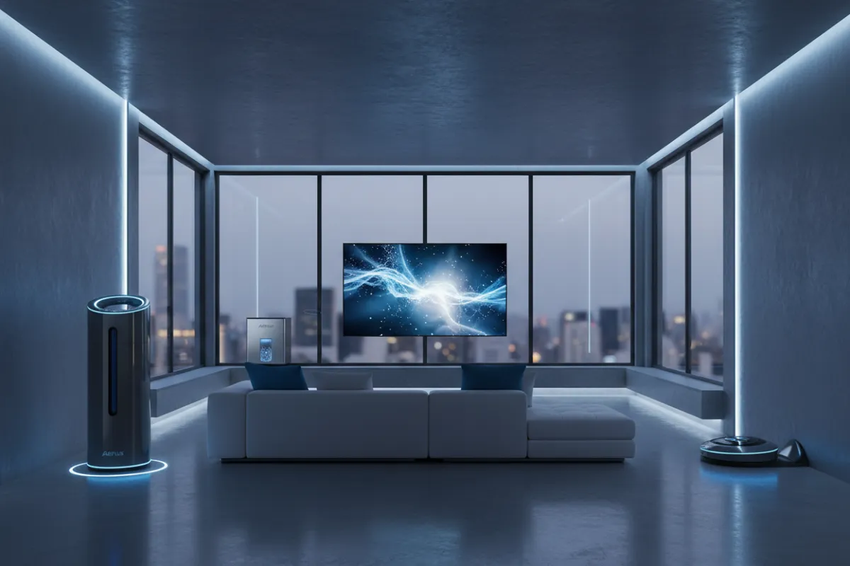 A modern, high-contrast living room with Aerus air purifier, water system, and floor cleaner, all in sleek, minimal design. The room features large windows, soft blue accent lighting, and a subtle tech-forward ambiance. No people are present. 3:2 aspect ratio.