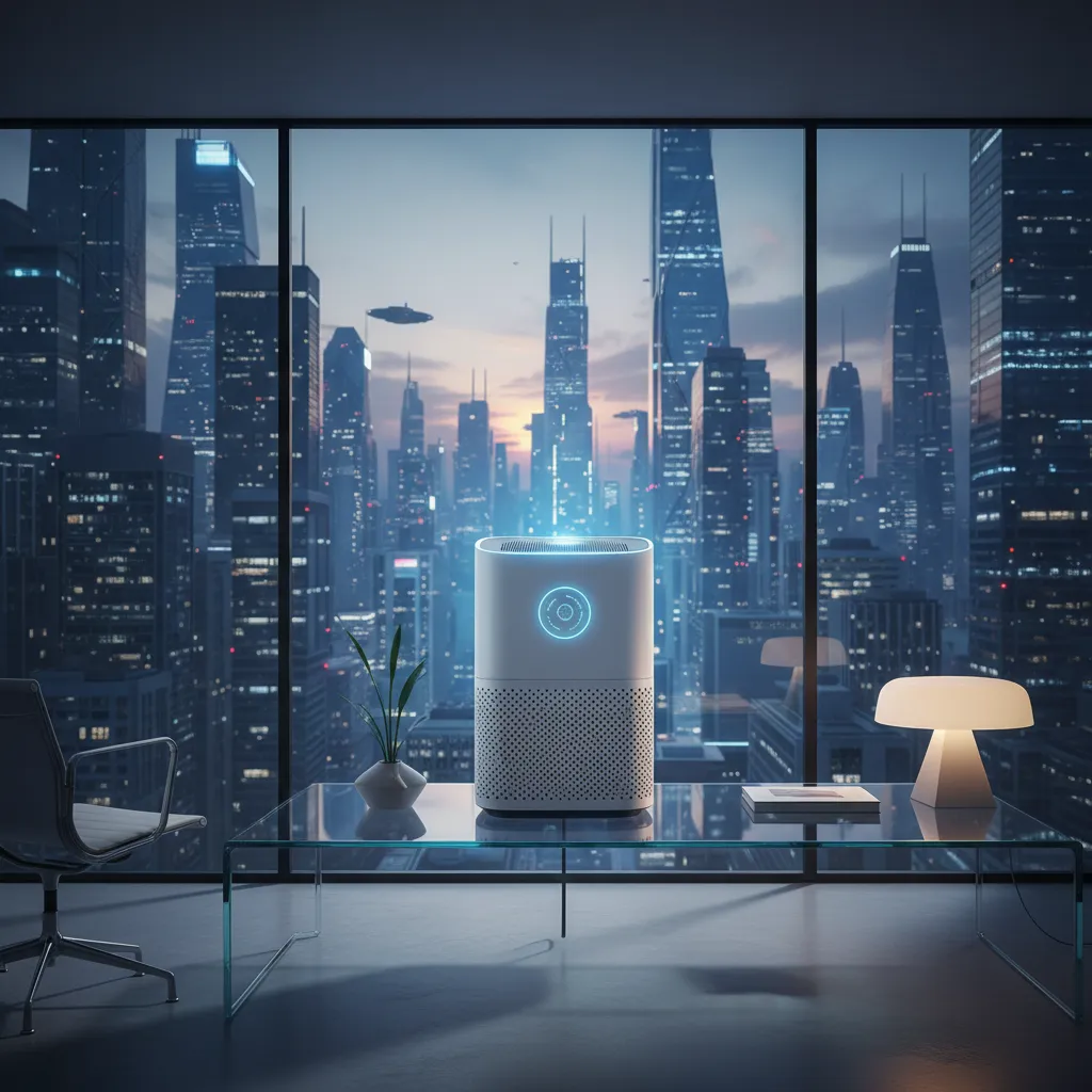 A futuristic air purifier with a digital display, set on a glass table in a modern home office. The device emits a soft blue glow, surrounded by minimal decor and a cityscape visible through the window. 1:1 aspect ratio.