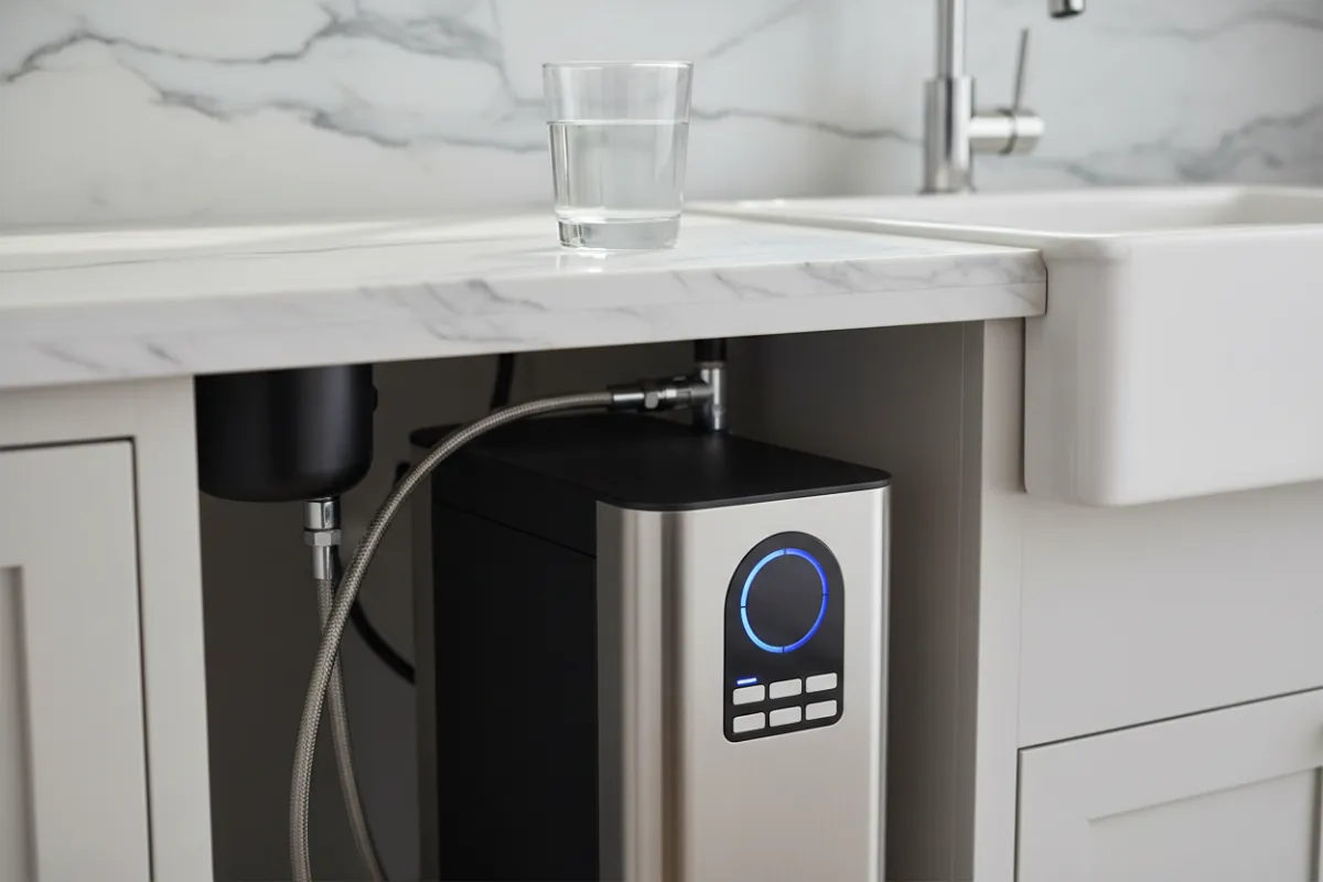 A close-up of a modern Aerus water filtration unit installed under a kitchen sink, with digital controls and a glowing blue indicator. The kitchen features marble countertops and a glass of water with visible clarity. 3:2 aspect ratio.