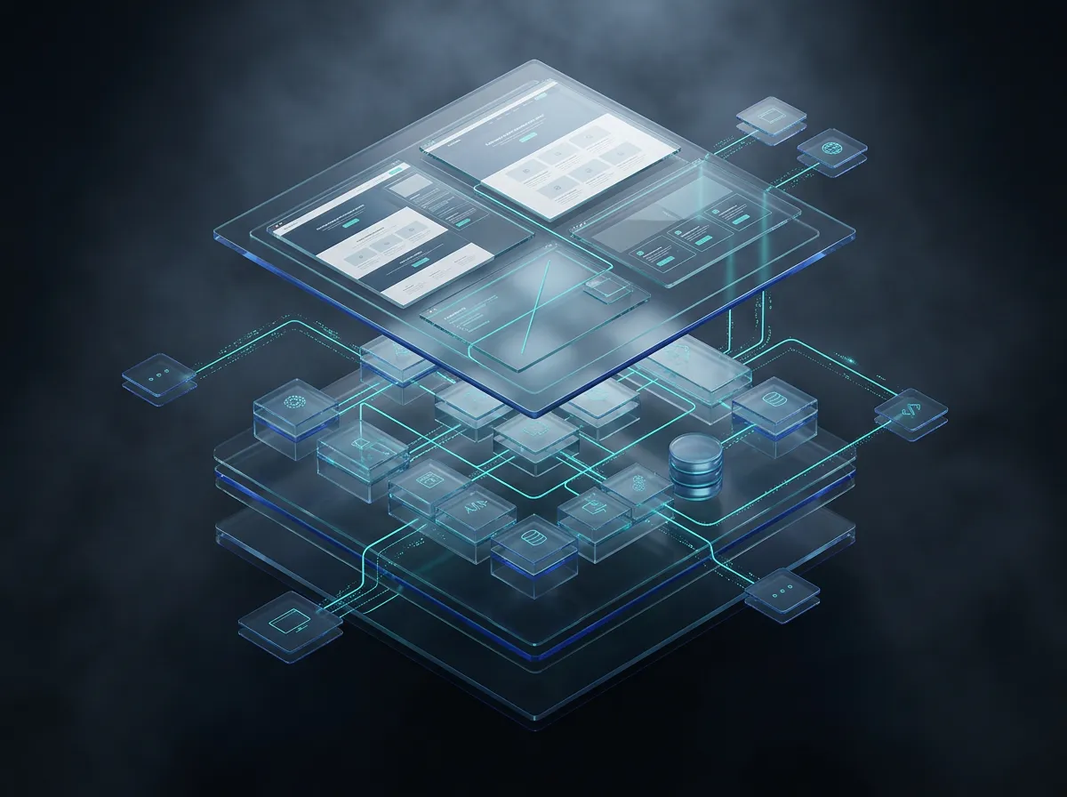 Complex enterprise web architecture diagram and structured multi-page layout preview