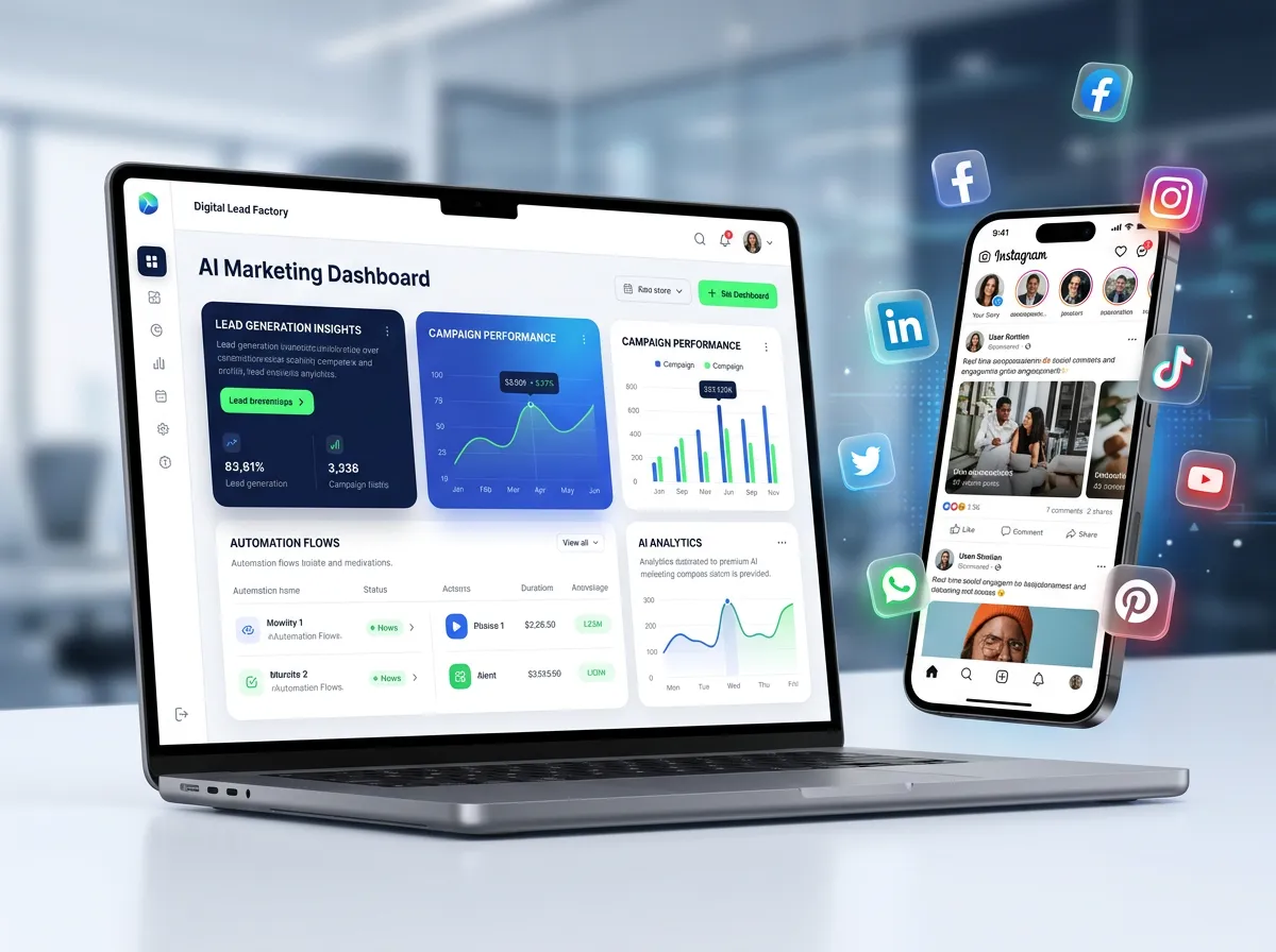 A composite image showing a laptop displaying an AI Marketing dashboard, a smartphone showing a social media app, and various social media icons floating around them.