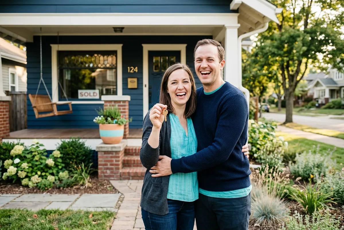 Marcus and Elena Vance celebrating outside their newly purchased craftsman bungalow