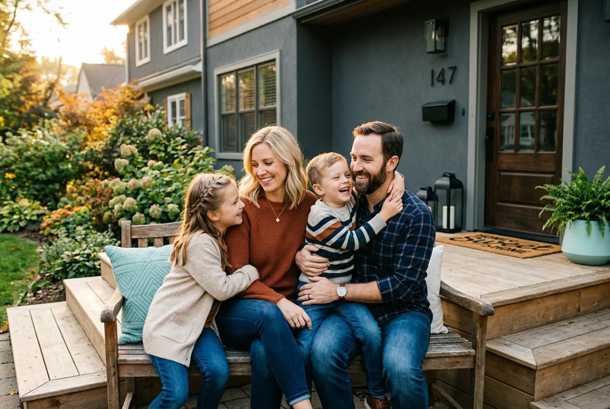 The Robinson family smiling together on the front porch of their renovated suburban house