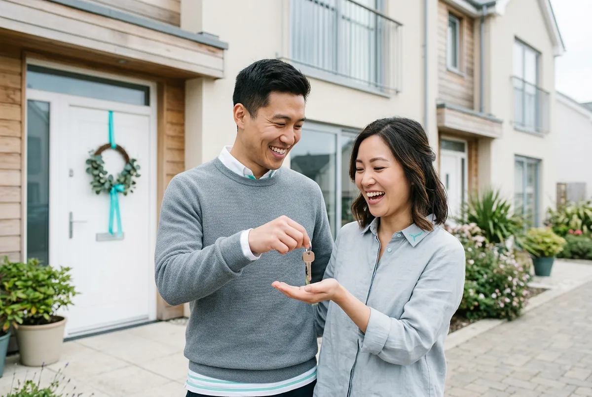 David and Sarah Chen holding house keys in front of their coastal modern townhouse