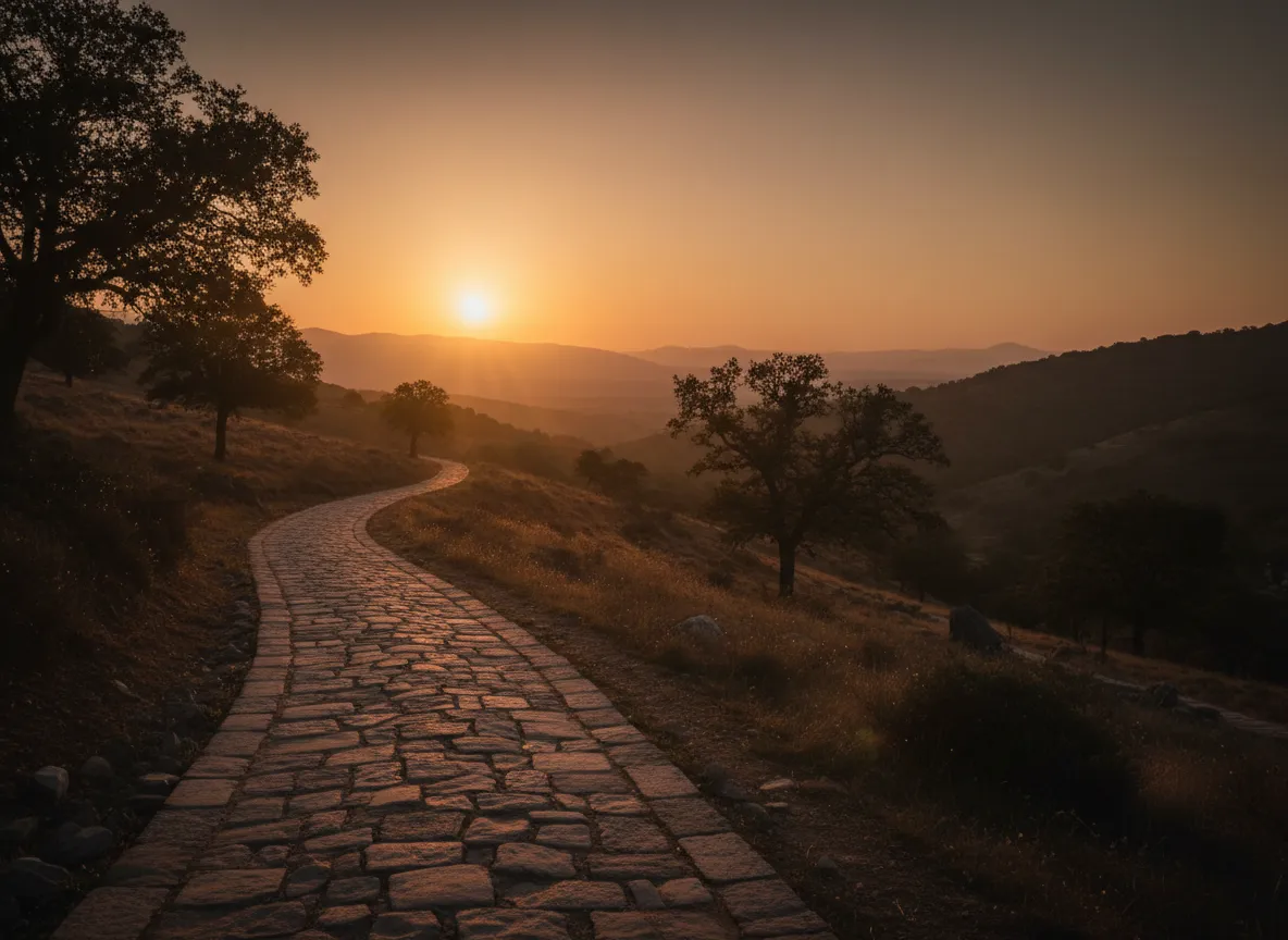 Stone path towards sunset
