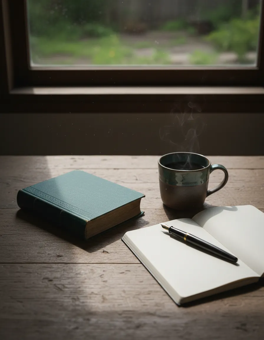 Book, pen, and mug resting on a table by a window