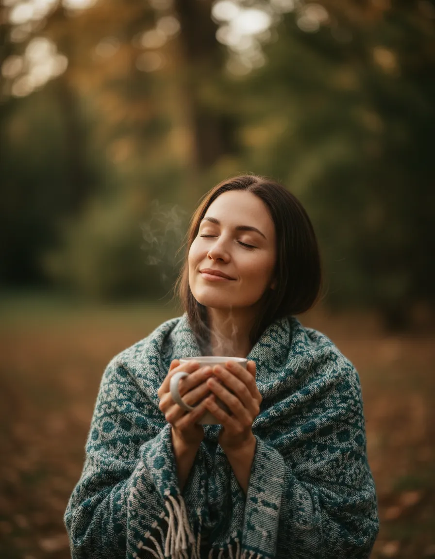 Woman relaxing outdoors with eyes closed, holding a cup