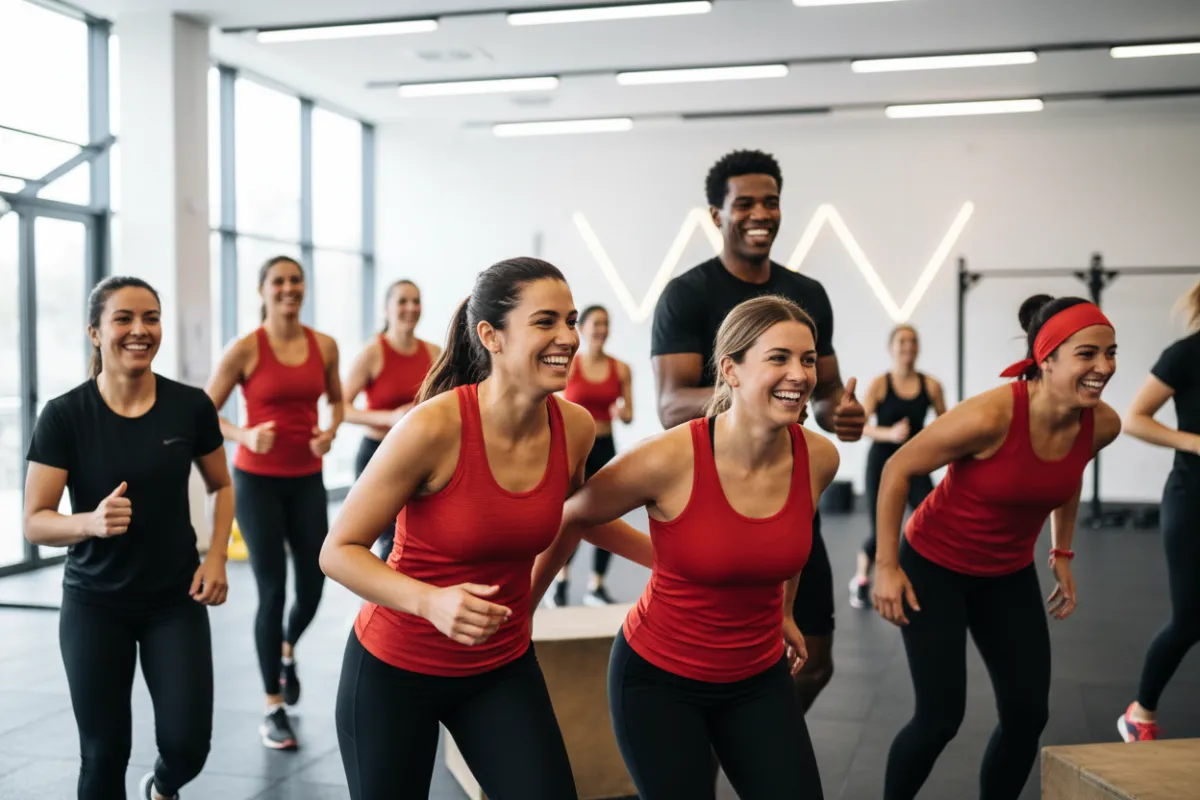 A dynamic, high-energy scene of a diverse group of women and men in athletic wear, mid-motion, laughing and supporting each other in a bright, modern gym. The background is softly blurred, emphasizing their energy and camaraderie. The image is vibrant, with bold reds and blacks, and conveys empowerment and motivation.