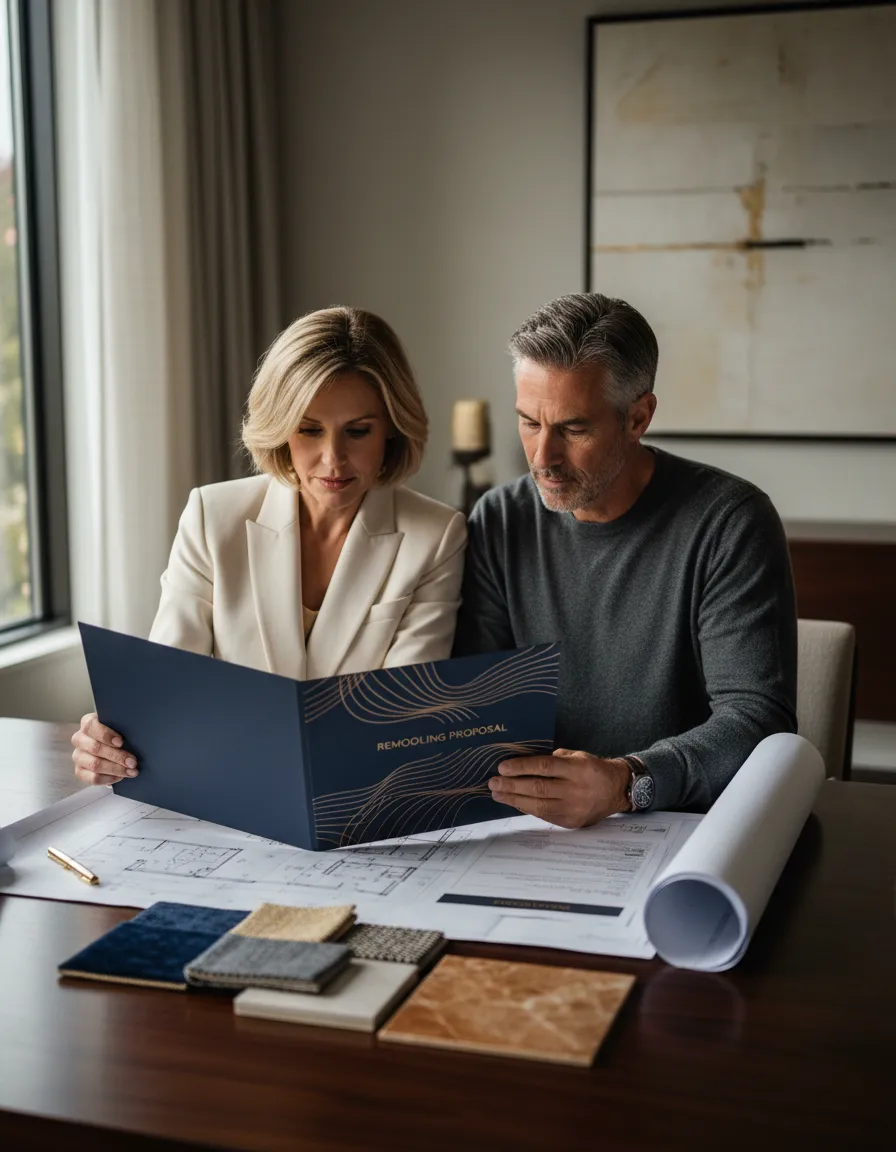 Homeowners reviewing a remodeling budget and detailed project plans