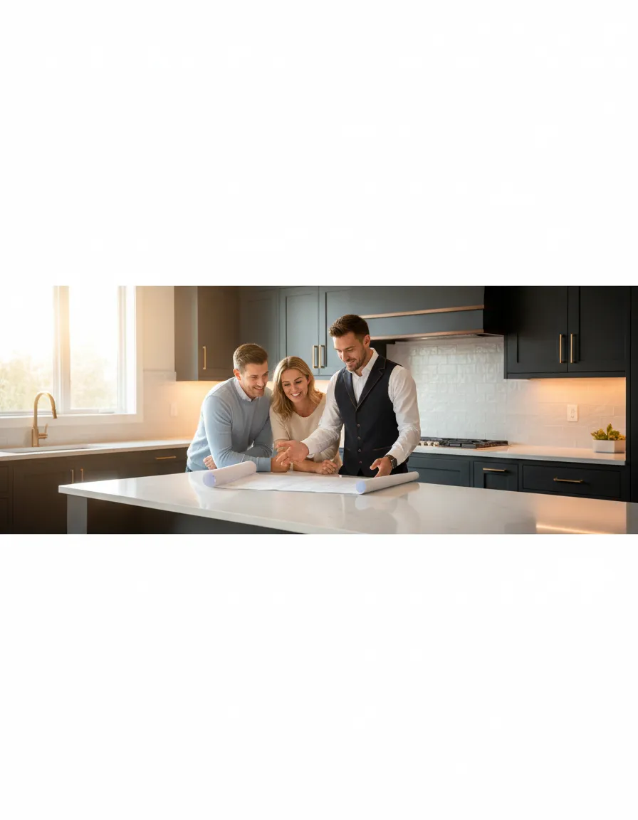 Contractor discussing renovation details with happy homeowners in a bright, modern kitchen
