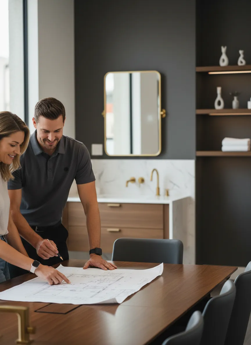 Contractor discussing luxury bathroom design with homeowners