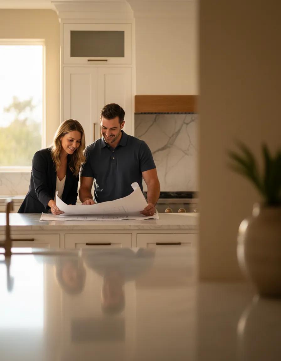 Professional homeowners reviewing plans with contractor