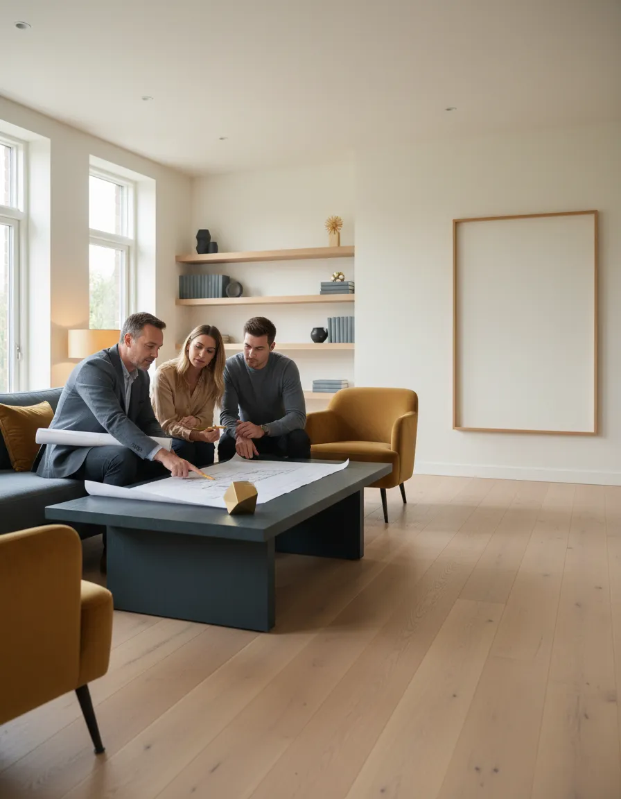 Homeowners discussing interior renovation plans with a contractor over architectural drawings