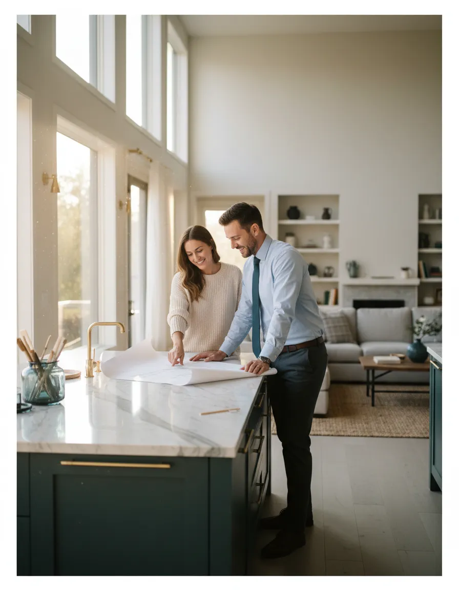 Contractor reviewing construction plans with homeowners