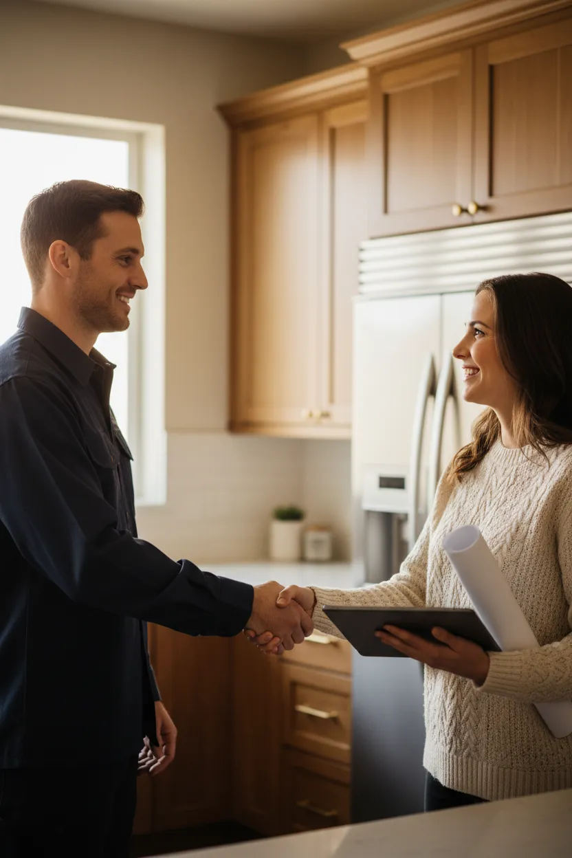 Contractor and homeowner shaking hands over plans after successful project handover