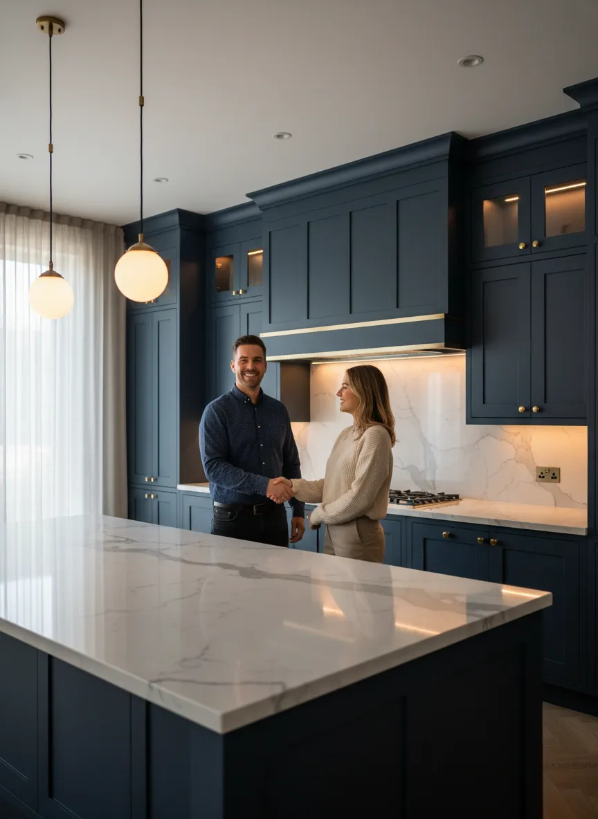 Contractor and homeowner shaking hands in a beautifully finished remodeled space
