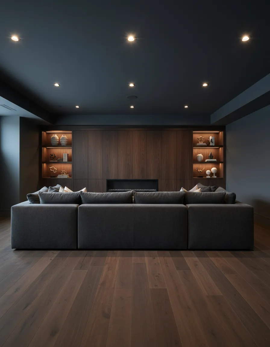 Luxurious finished basement with custom lighting and cabinetry