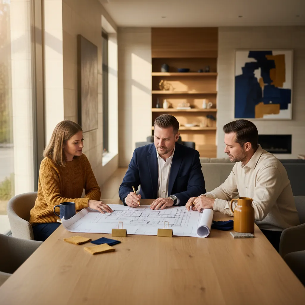 Homeowners reviewing remodeling plans with a contractor