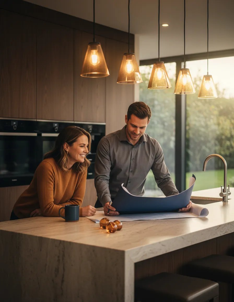 Contractor reviewing remodeling plans with homeowners