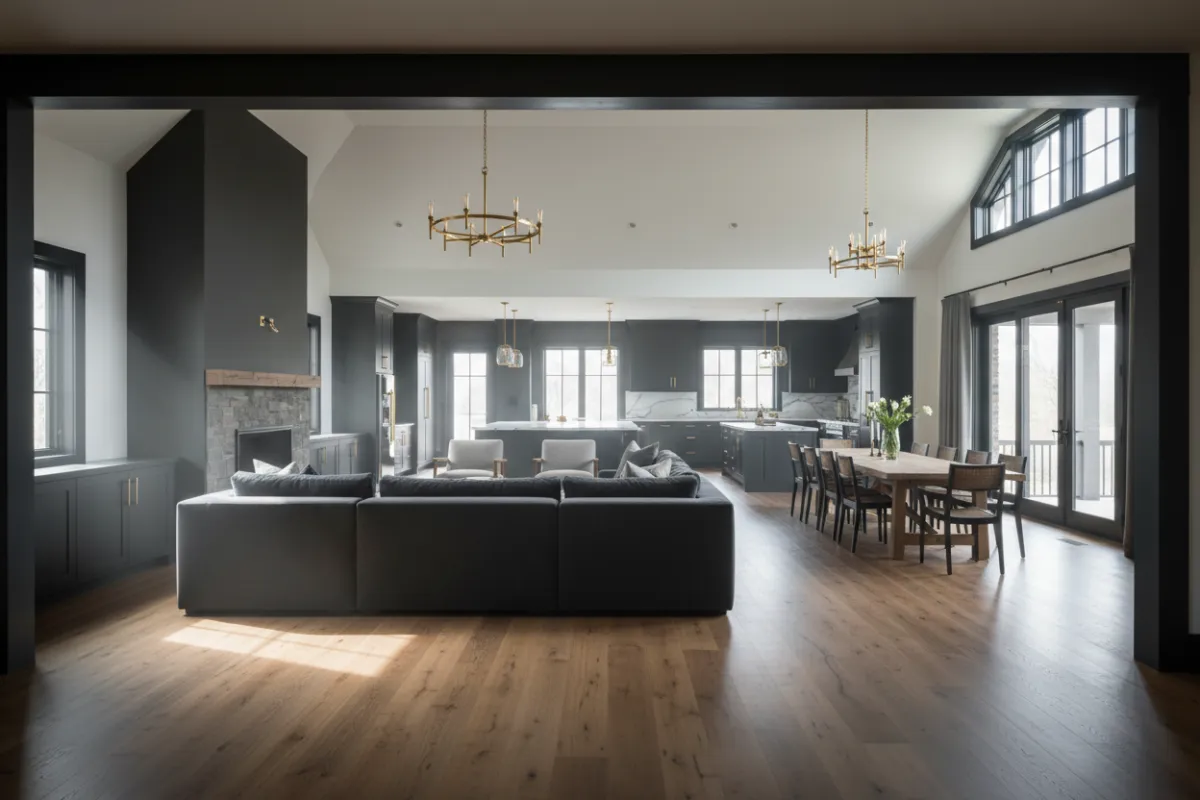Wide architectural view of completed home renovation