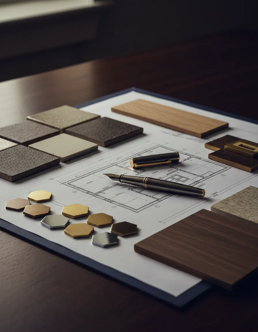 Detailed blueprint and material samples for a home renovation project