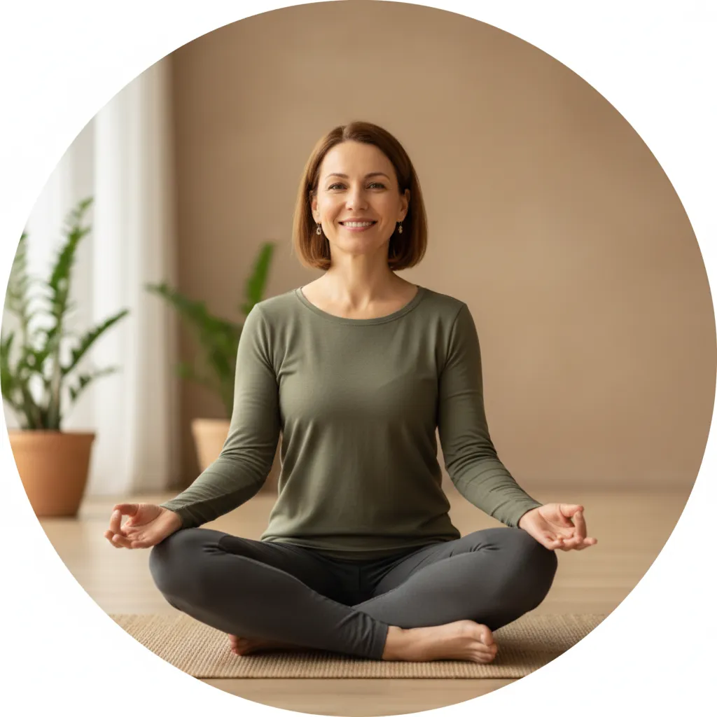 Founder of Over40sWellnessHub smiling in a calm studio