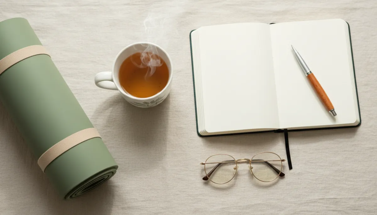 Calm morning routine with tea, journal and yoga mat