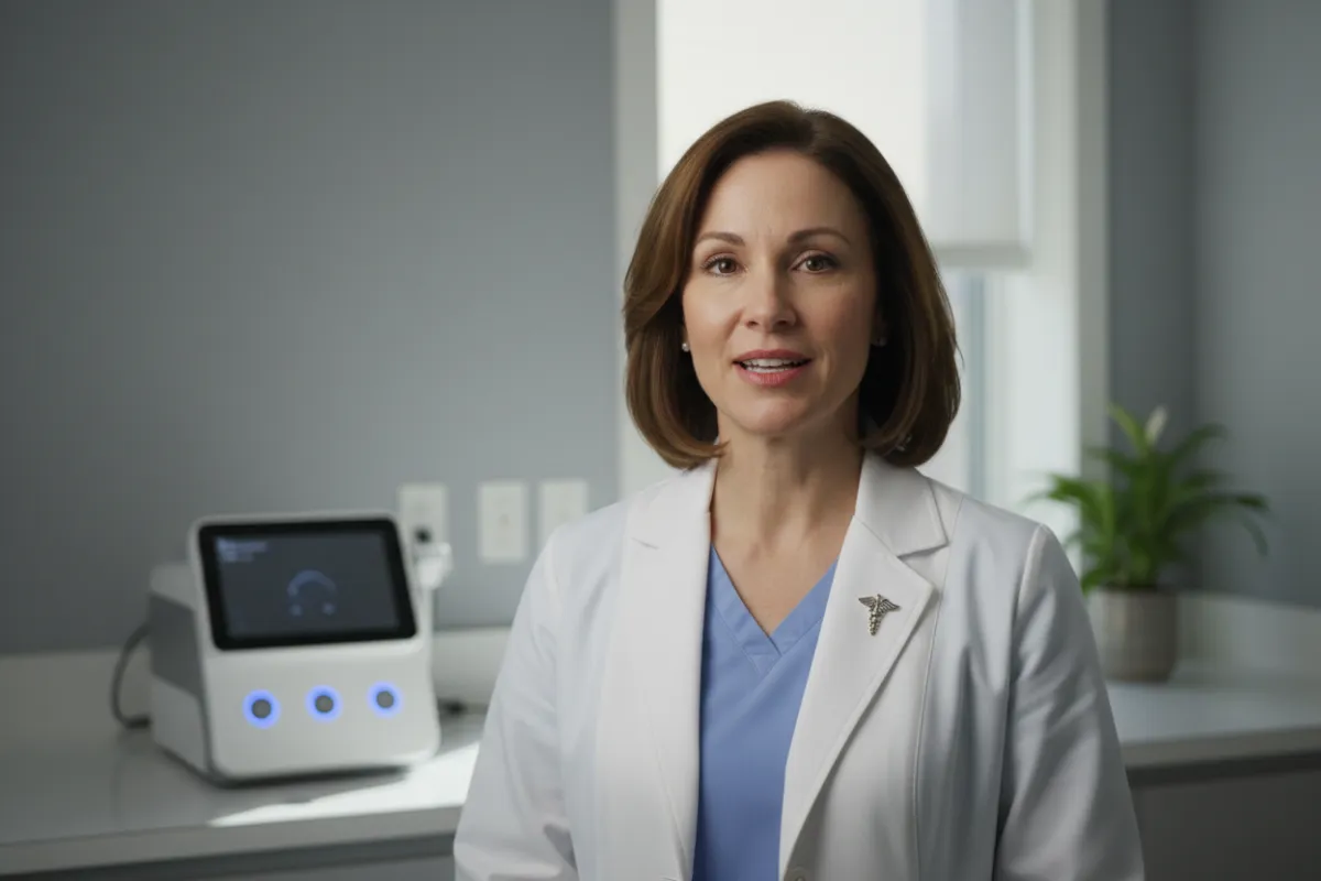 Testimonial video still of Dr. Davis – clinician speaking to camera in clinic environment, device in background, authoritative and trustworthy framing.