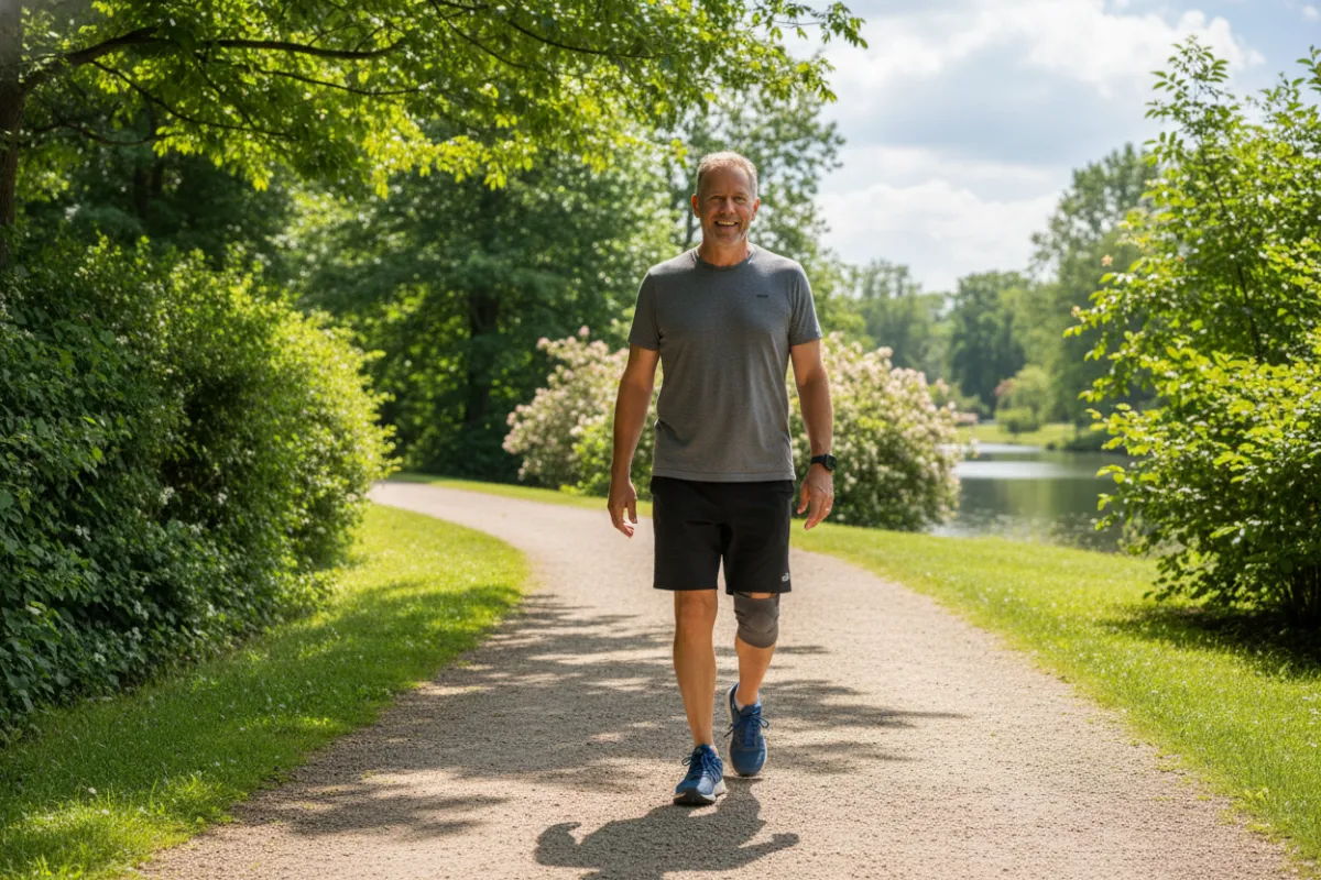 Testimonial video still of Frank (knee) walking outside after treatment, candid mobility shot showing real improvement and life impact.