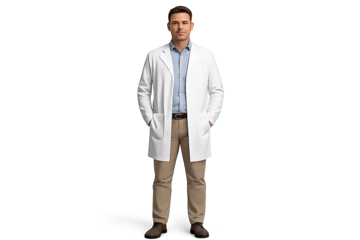 Confident male clinic owner, full-body, smart-casual, leadership, scale readiness