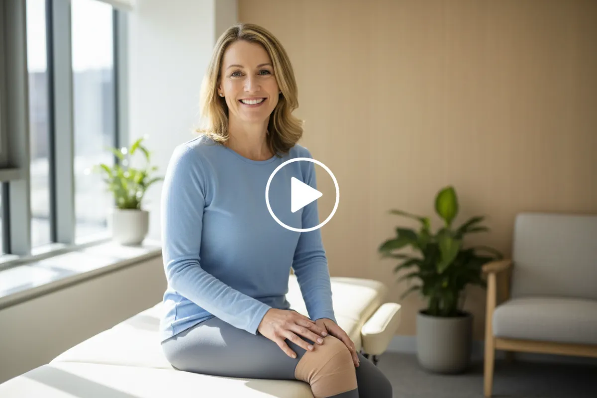 Testimonial video still of Claire (knee pain): seated patient smiling post-treatment, natural light in clinic, play overlay centered; candid and human-centered composition.