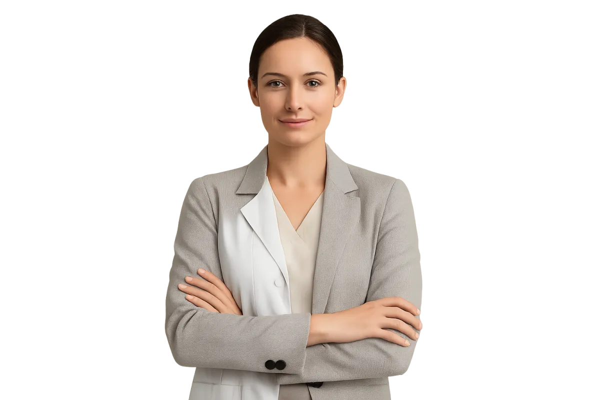 Confident female clinic owner, waist-up, business-casual, profitability focus