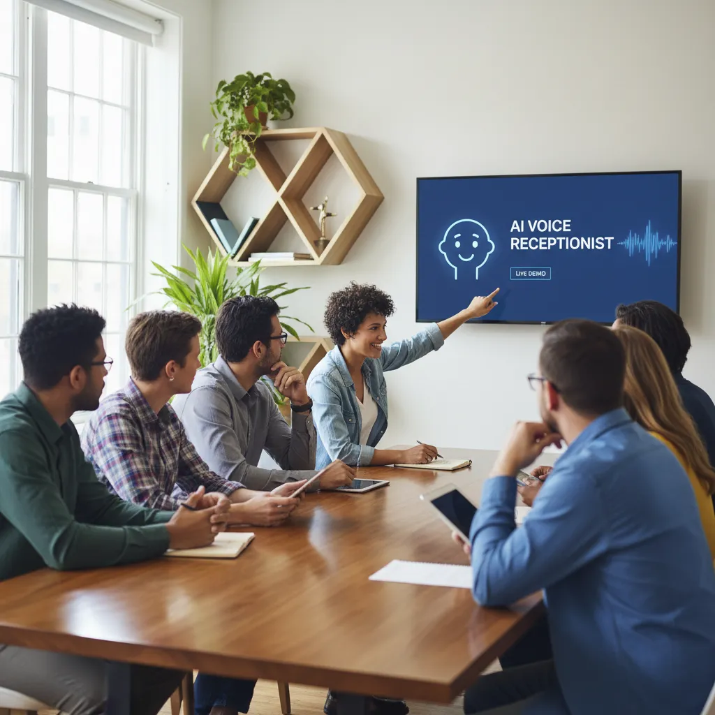 A diverse group of small business owners gathered around a conference table, watching a live demonstration of an AI voice receptionist on a large screen. The setting is a bright, collaborative workspace with modern decor.