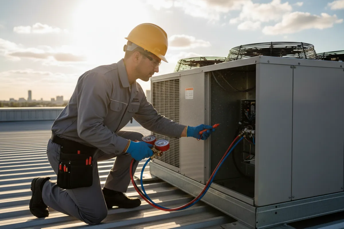 HVAC technician inspecting rooftop unit representing HVAC trade