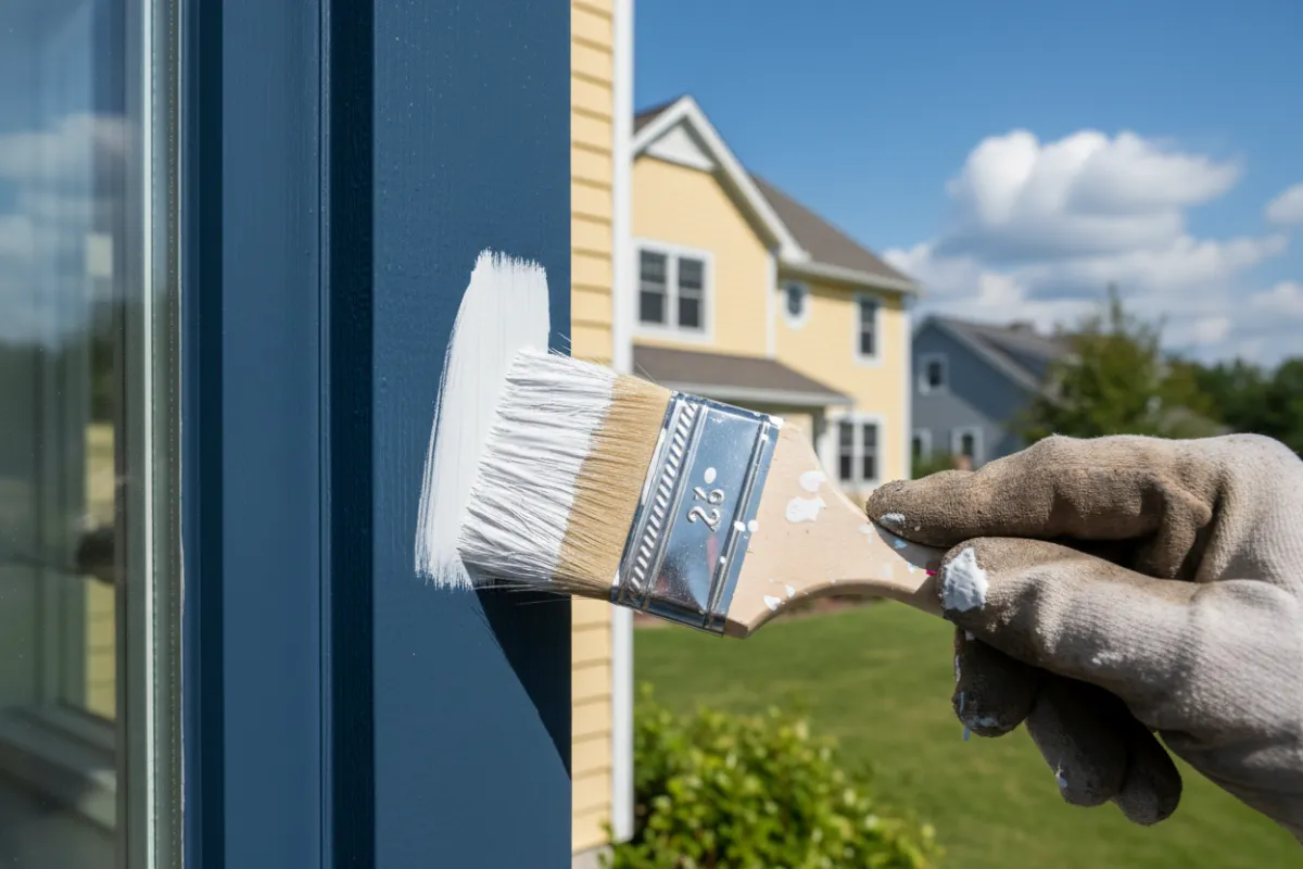 Painter finishing an exterior trim coat representing painters trade