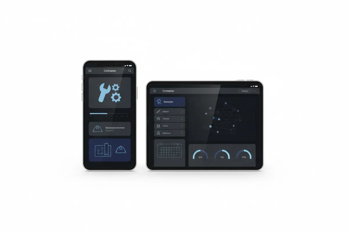 Device mockup showing a contractor-focused website on phone and tablet