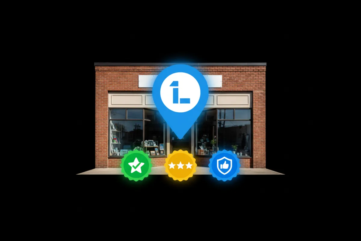 Local business storefront with map pin and review badges symbolizing strong local SEO rankings.