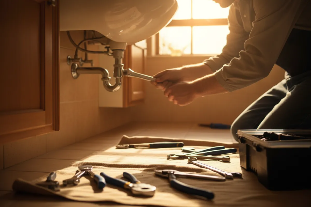 Plumber repairing a residential sink representing plumbing trade