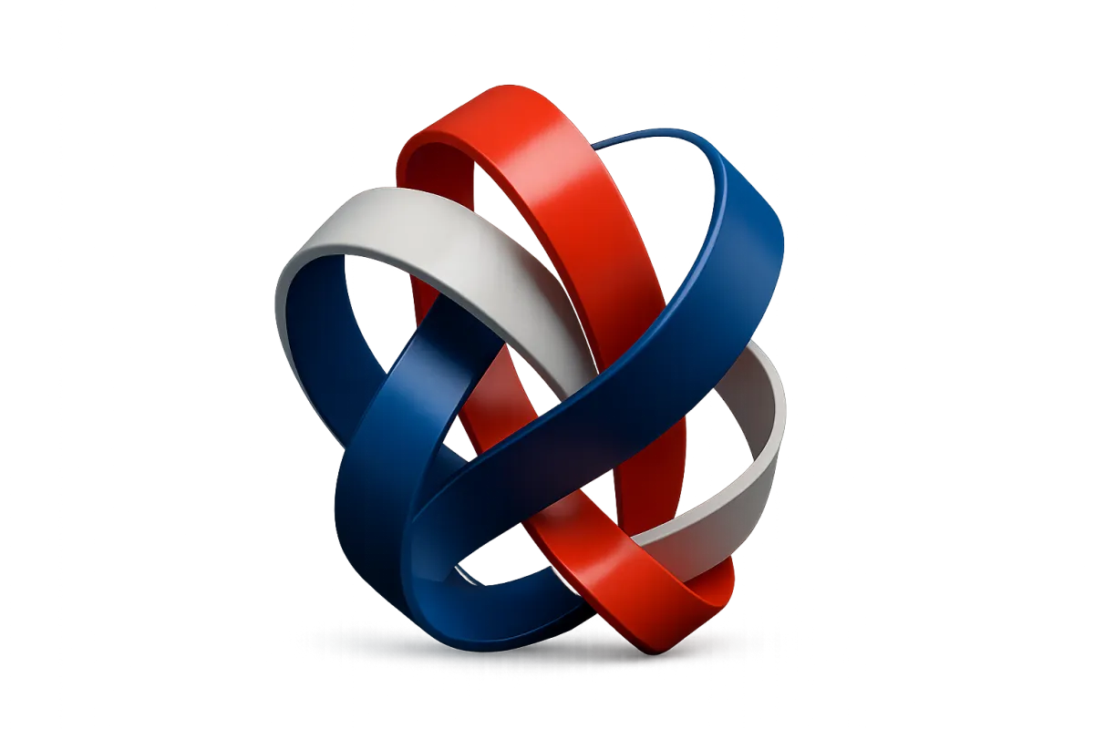 Abstract 3D sculpture of interlocking red, white, and blue geometric ribbons