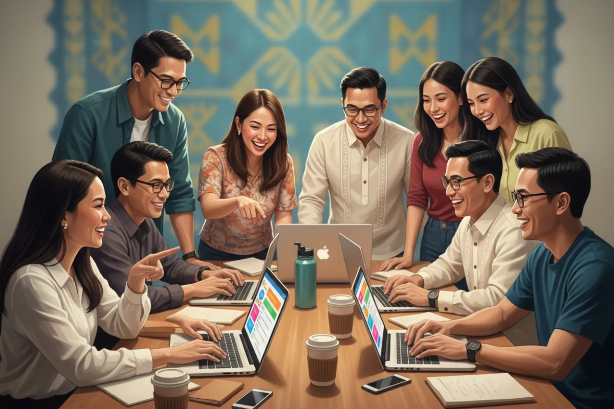 A digital painting of a diverse group of Filipino entrepreneurs gathered around a table, excitedly registering for an online training session. The scene is lively and colorful, with laptops, coffee cups, and a visible sense of teamwork. The background features subtle Philippine patterns, reinforcing the local focus.