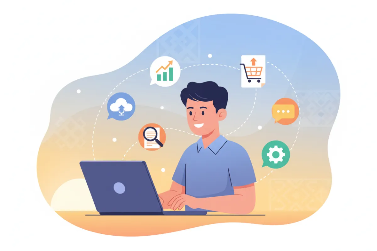 A vibrant flat illustration of a young Filipino entrepreneur at a laptop, surrounded by digital icons representing sales, growth, and online tools. The background features subtle Philippine motifs and a sunrise gradient, evoking optimism and new beginnings.
