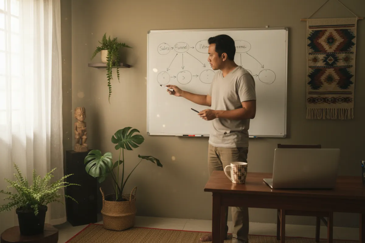 Filipino startup owner reviewing sales funnel steps on a whiteboard in a cozy home office, with plants and local decor